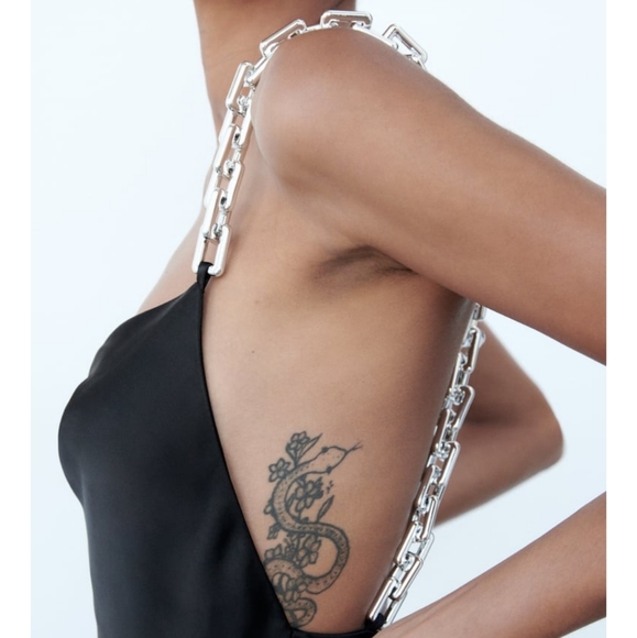 Zara * Chain Strap Satin Effect Slip Midi Dress Black - Picture 6 of 16